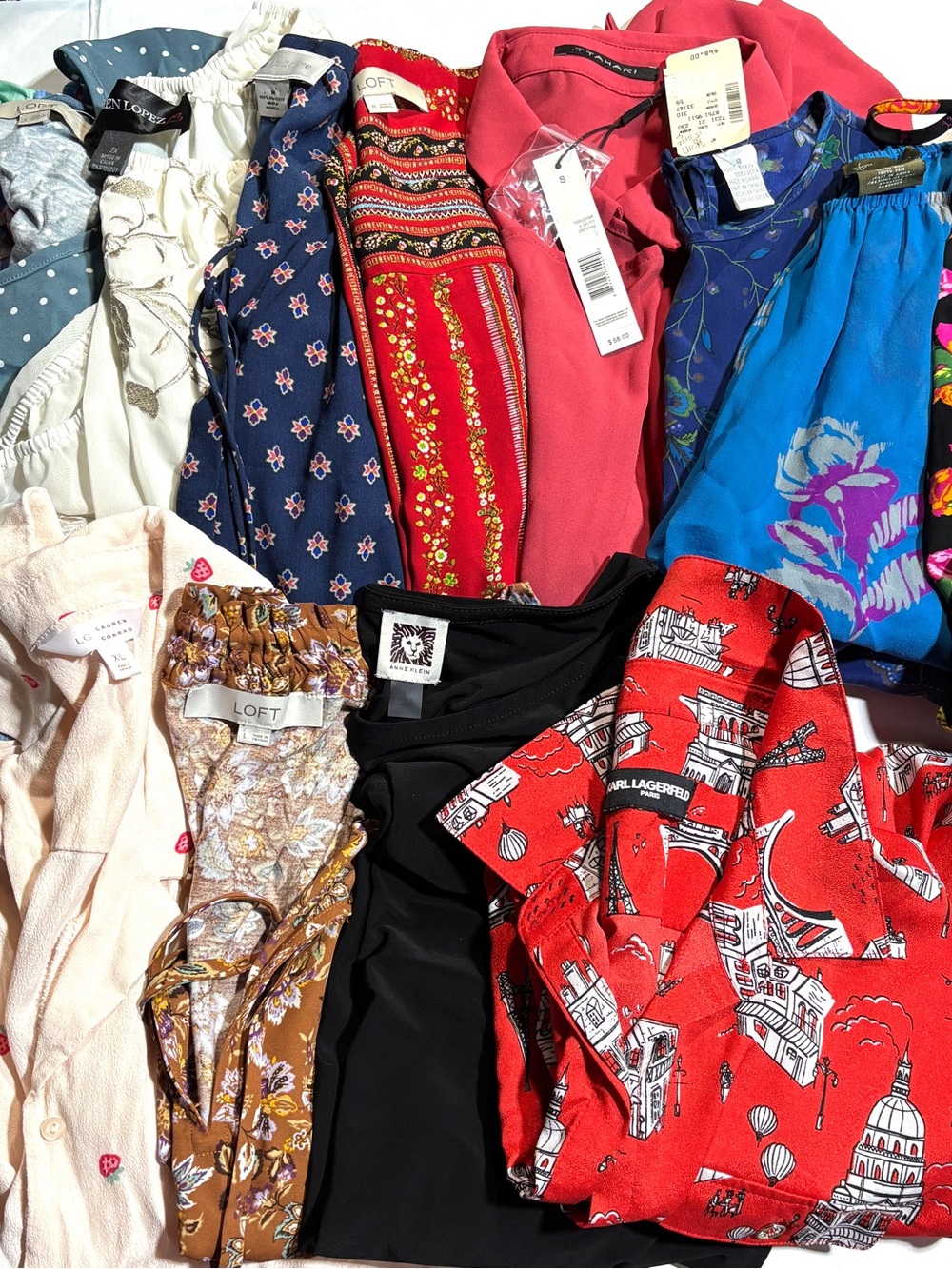 15 Pc Women’s NWT Blouse Lot Karl Lagerfeld Betsey Johnson LOFT Anne Klein